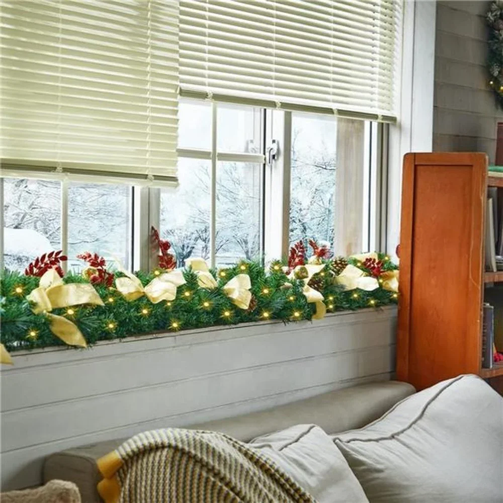 9FT Christmas Garland with Lights, Prelit Christmas Garland w/ Bows Xmas Garland